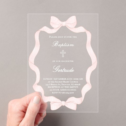 Invitations En Acrylique pink ribbon frame Baptism (In situ (ordinateur de poche))