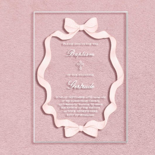 Invitations En Acrylique  pink ribbon frame Baptism 