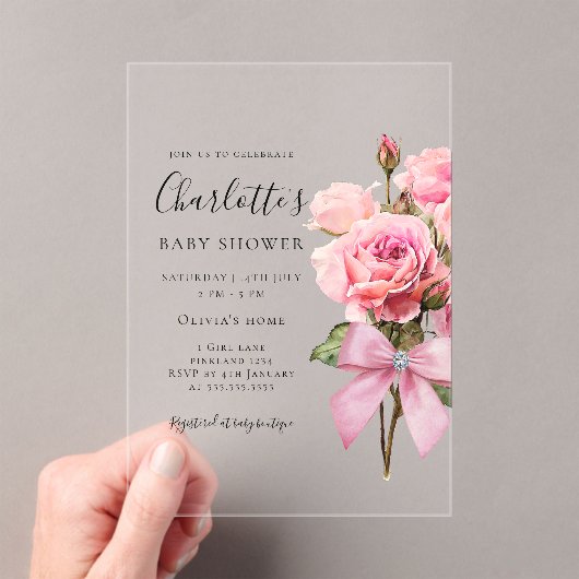 Invitations En Acrylique Pink Rose Diamond Bow Girl Baby Shower  (In situ (ordinateur de poche))