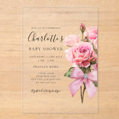 Invitations En Acrylique Pink Rose Diamond Bow Girl Baby Shower  (Recto)