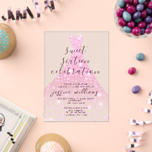 Invitations En Acrylique Pink Sequin Ball Gown Sweet 16 Anniversaire