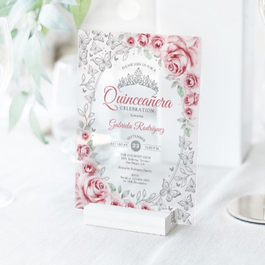 Invitations En Acrylique Pink Silver Floral Quinceanera
