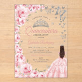 Invitations En Acrylique Pink Silver Floral Quinceanera (Recto)