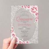 Invitations En Acrylique Pink Silver Floral Quinceanera (In situ (ordinateur de poche))
