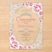 Invitations En Acrylique Pink Silver Floral Quinceanera (Recto)