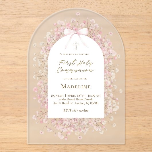 Invitations En Acrylique pink white flowers First Communion (Recto)