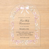 Invitations En Acrylique pink white flowers First Communion (Recto)
