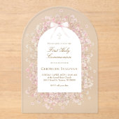 Invitations En Acrylique pink white flowers First Holy Communion (Recto)