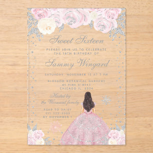 Invitations En Acrylique Pink Winter Brunette Hair Princesse Sweet sixteen