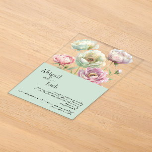 Invitations En Acrylique Pivoines à l'aquarelle vintage Mariage Sauge