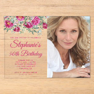 Invitations En Acrylique Pivoines aquarelle rose vif Photo 50e anniversaire