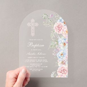 Invitations En Acrylique Pivoines délicates Arche Baptême