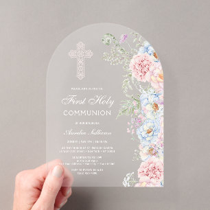 Invitations En Acrylique Pivoines délicates pour la Première Communion