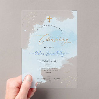 Invitations En Acrylique PixDezines Baptême Confettis Aquarelle Bleue