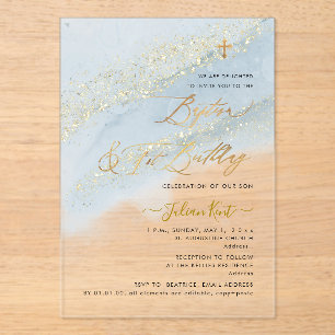 Invitations En Acrylique PixDezines Bleu Poussiéreux Or Baptême+1er Anniver