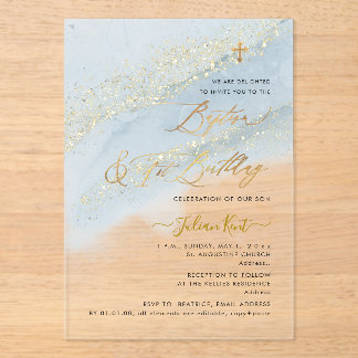 Invitations En Acrylique PixDezines Bleu Poussiéreux Or Baptême+1er Anniver