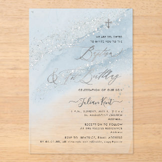 Invitations En Acrylique PixDezines Dusty Blue Silver Baptism+1st Birthday