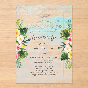 Invitations En Acrylique PixDezines Fleurs Tropicales+Quinceanera de Plage