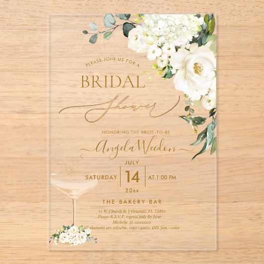 Invitations En Acrylique PixDezines H2 Albâtre Roses Hydrangée nuptiale (Recto)