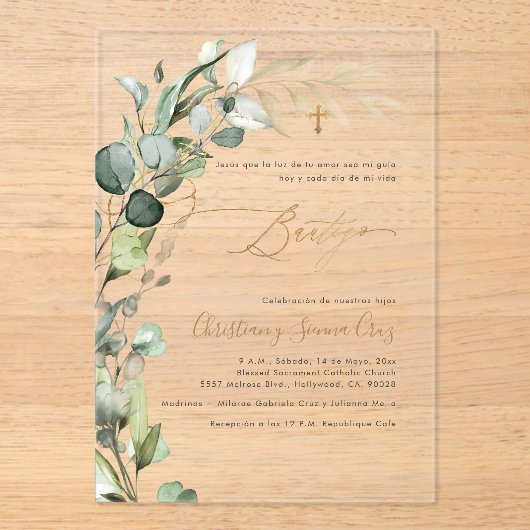 Invitations En Acrylique PixDezines H2 Greenery Gum Foliage Bautizo (Recto)