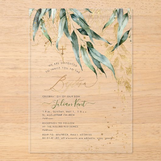 Invitations En Acrylique PixDezines H2 Rustic Willow Gum Eucalyptus Baptism (Recto)