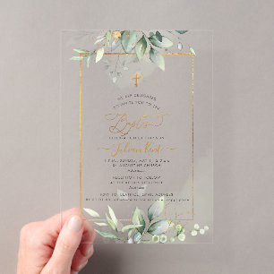 Invitations En Acrylique PixDezines H2 Vert Or Eucalyptus Baptême
