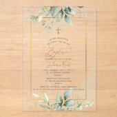 Invitations En Acrylique PixDezines H2 Vert Or Eucalyptus Baptême (Recto)