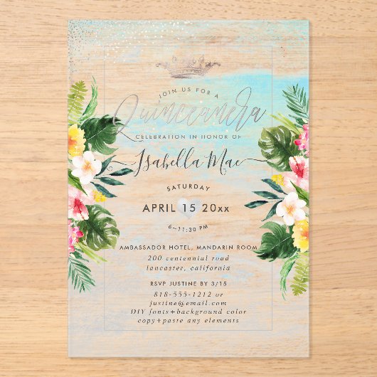Invitations En Acrylique PixDezines Tropical Flowers+Beach Quinceanera (Recto)