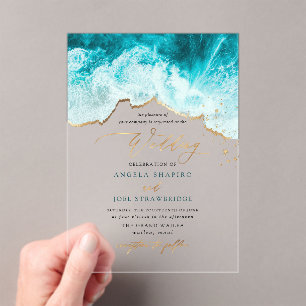 Invitations En Acrylique PixDezines Vagues Marines Rivage Mariage sur la Pl