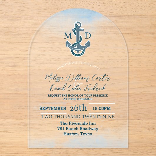 Invitations En Acrylique Plage côtière Ancre de plage Mariage nautique (Recto)