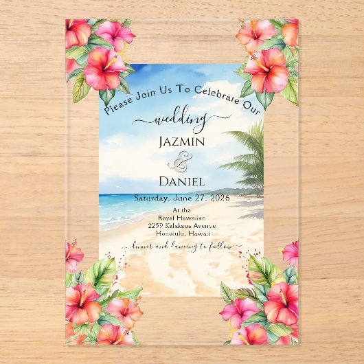 Invitations En Acrylique Plage de Hibiscus Tropical (Recto)