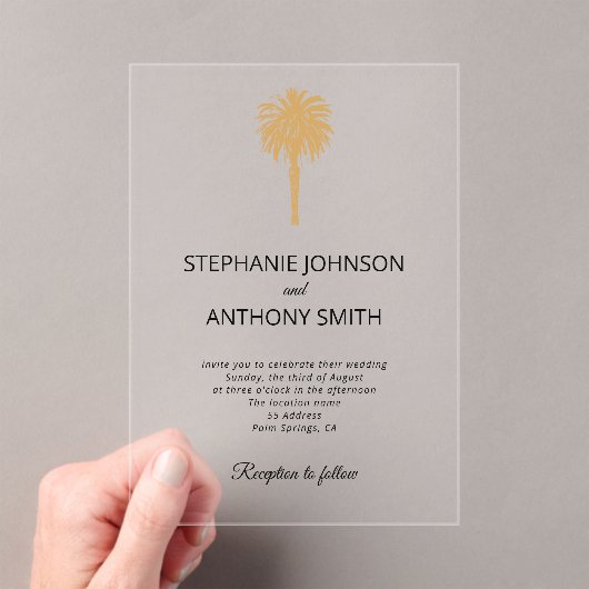 Invitations En Acrylique Plage tropicale Gold Palm Tree Destination Mariage (In situ (ordinateur de poche))
