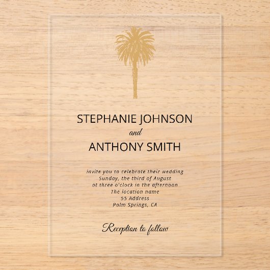 Invitations En Acrylique Plage tropicale Gold Palm Tree Destination Mariage (Recto)