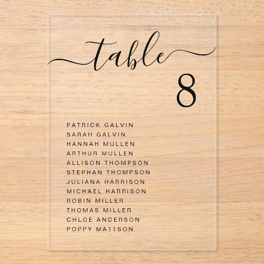 Invitations En Acrylique Plan de table de mariage Chic Script (Recto)