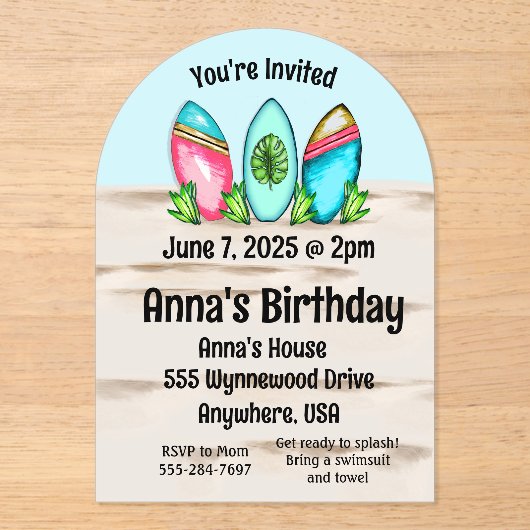 Invitations En Acrylique Planches de surf rétro, Rose,  (Recto)