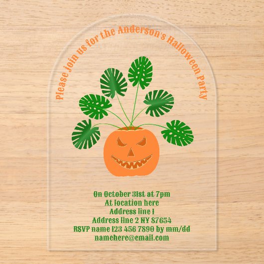 Invitations En Acrylique Plante Halloween Monstera en Citrouille personnali (Recto)
