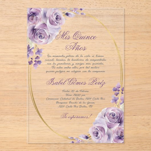 Invitations En Acrylique Plat à thème violet acrylique Quinceañera (Recto)