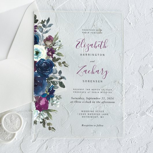 Invitations En Acrylique Plum Aquarelle Floral Marine Mariage bleu