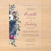 Invitations En Acrylique Plum Aquarelle Floral Marine Mariage bleu (Recto)