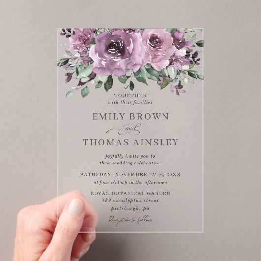 Invitations En Acrylique Plum mauve rustique violet Mariage de verdure fleu (In situ (ordinateur de poche))