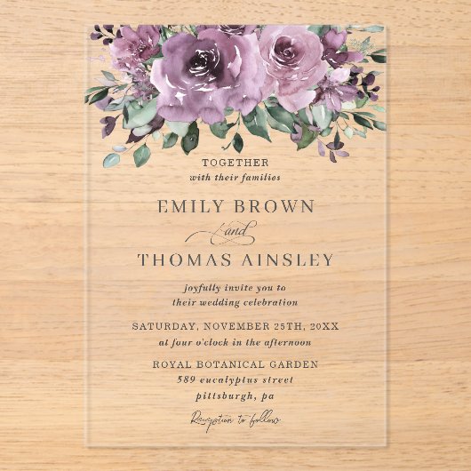 Invitations En Acrylique Plum mauve rustique violet Mariage de verdure fleu (Recto)