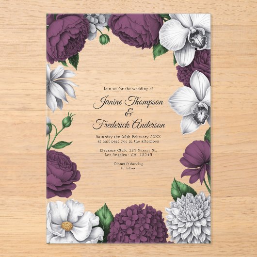 Invitations En Acrylique Plum & Silver Modern Botanical Wedding (Recto)