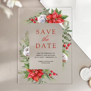 Invitations En Acrylique Poinsettia Fleurs Noël Mariage Enregistrer la Date