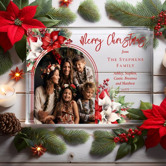 Invitations En Acrylique Poinsettias et Pine Arched Photo Joyeux Noël