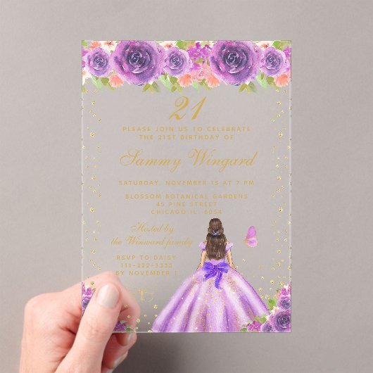 Invitations En Acrylique Pomme Florale Brunette Hair Princess Anniversaire (In situ (ordinateur de poche))