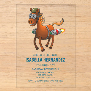 Invitations En Acrylique Poney Fusée Volant