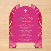 Invitations En Acrylique Porte d'or rose chaud Première communion sainte (Recto)