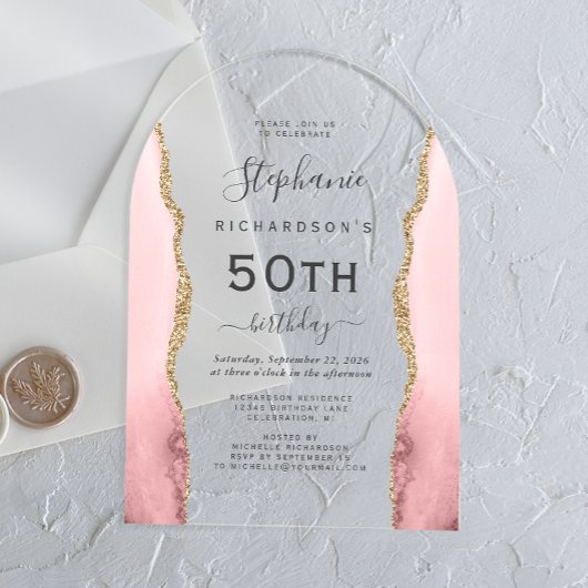 Invitations En Acrylique Porte d'or rose pâle 50e anniversaire Arche