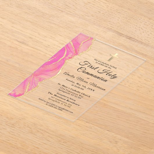 Invitations En Acrylique Porte d'or rose Première Sainte Communion Fille (Poser)