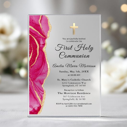 Invitations En Acrylique Porte d'or rose Première Sainte Communion Fille